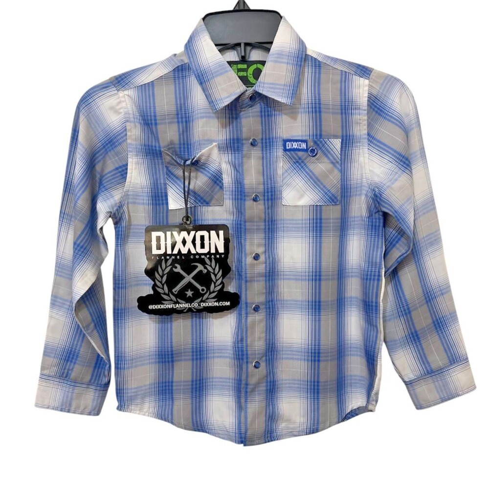 DIXXON Blue White Gray Plaid Morse Bamboo Long Sleeve Shirt Youth Small NWT